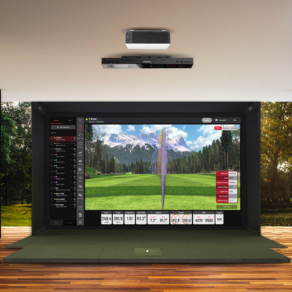 Uneekor EYE XO2 SportScreen Vanish LITE Hybrid-Retractable Golf Studio Complete Package | Home Golf Simulator Studio with Impact Screen, Enclosure, Hitting Mat, Putting Turf & Projector