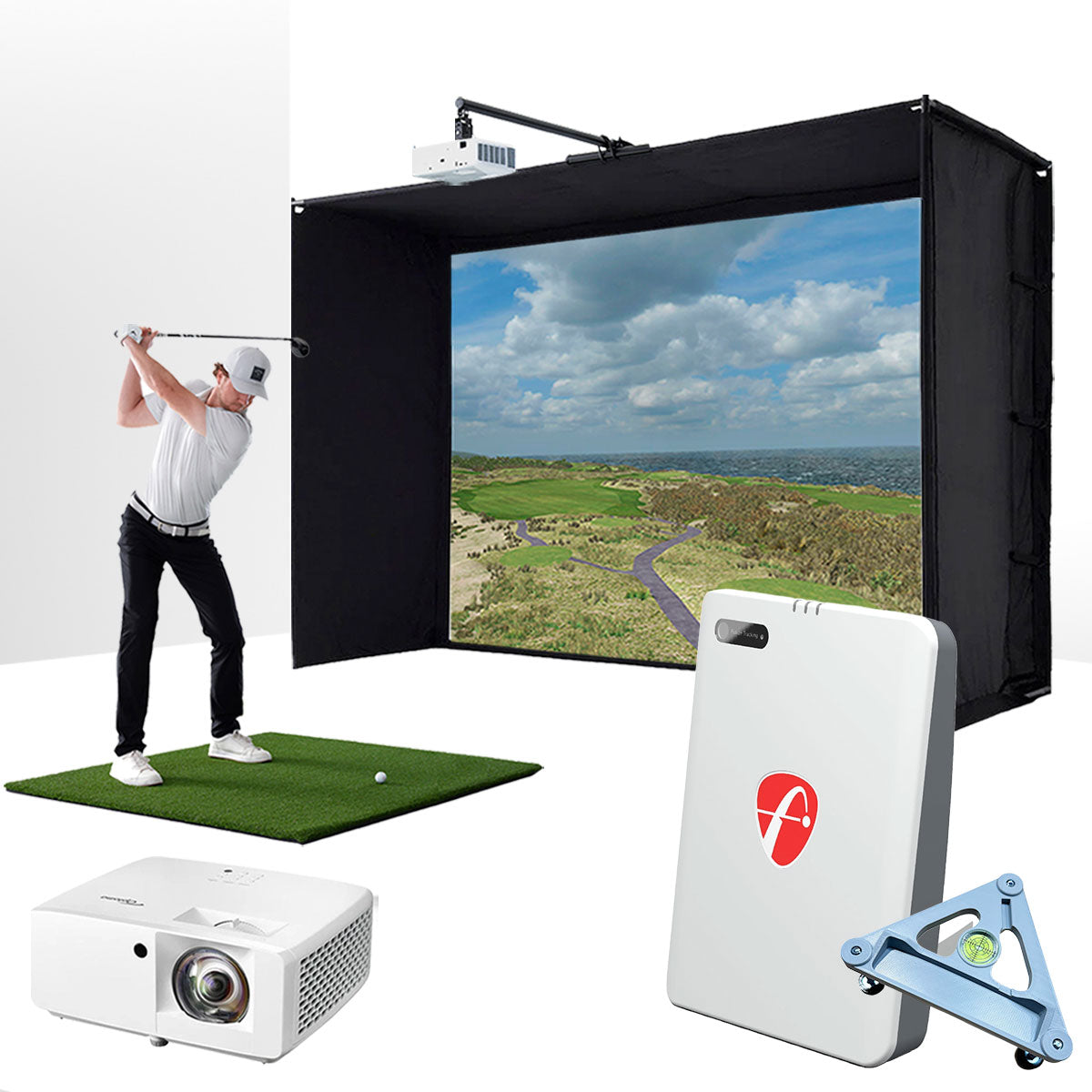 FlightScope Mevo Gen2 with PlayBetter SimStudio™ ESSENTIALS Package | Golf Simulator Studio with Impact Screen, Enclosure, Hitting Mat & Projector
