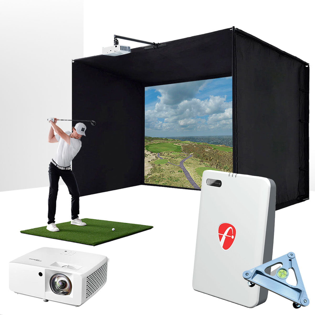 FlightScope Mevo Gen2 with PlayBetter SimStudio™ ESSENTIALS Package | Golf Simulator Studio with Impact Screen, Enclosure, Hitting Mat & Projector