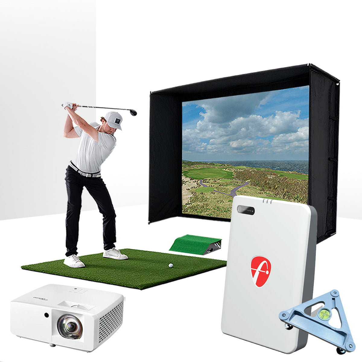 FlightScope Mevo Gen2 with PlayBetter SimStudio™ ESSENTIALS Package | Golf Simulator Studio with Impact Screen, Enclosure, Hitting Mat & Projector