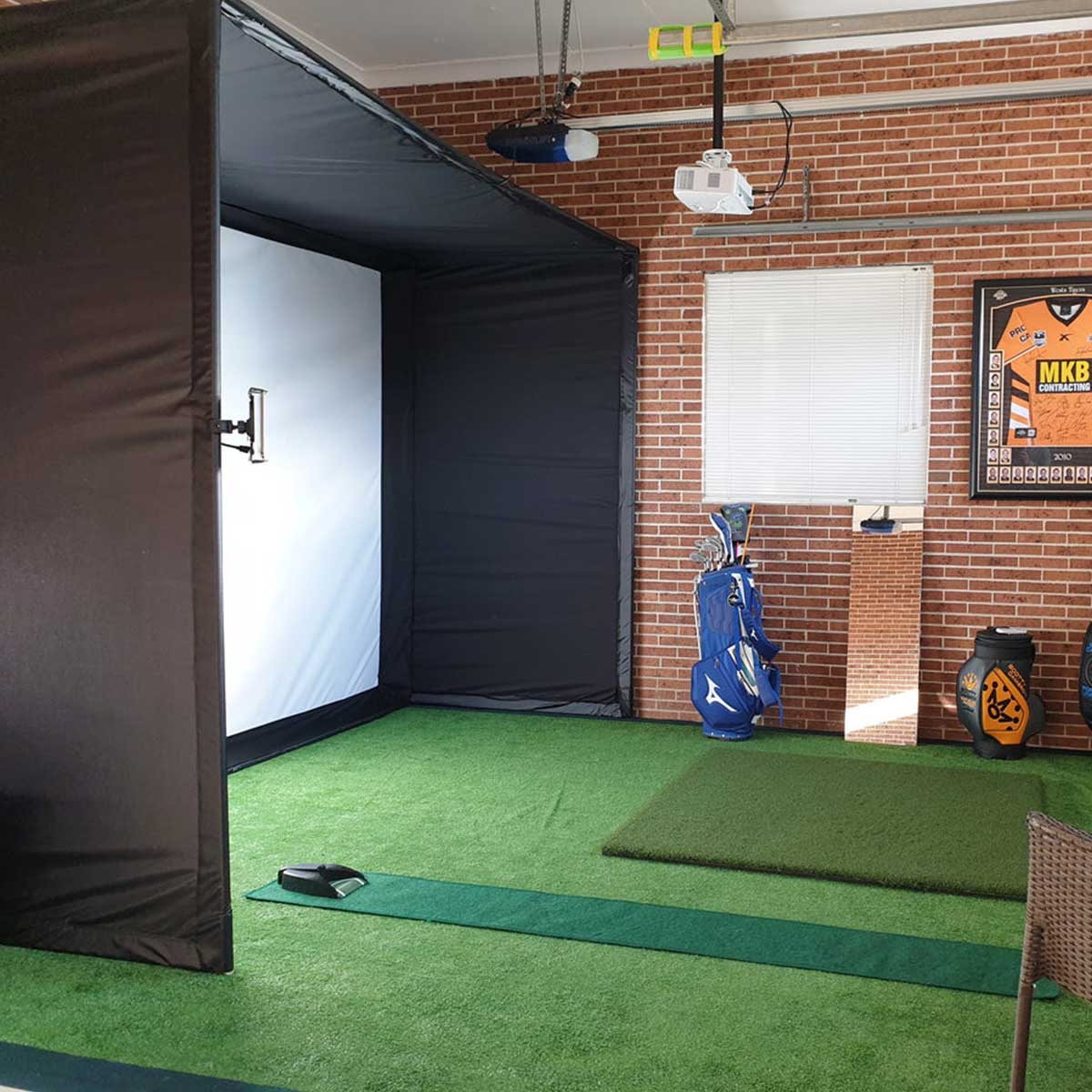 Blue Tees Golf Rainmaker with PlayBetter SimStudio™ COMPLETE Package | Golf Simulator Studio with Impact Screen, Enclosure, Side Barriers, Hitting/Putting Mats & Projector