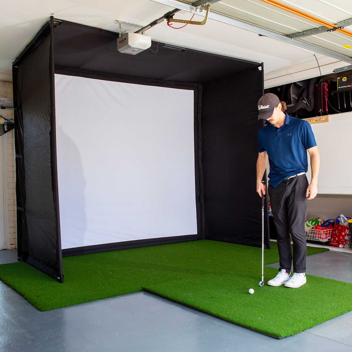 Blue Tees Golf Rainmaker with PlayBetter SimStudio™ COMPLETE Package | Golf Simulator Studio with Impact Screen, Enclosure, Side Barriers, Hitting/Putting Mats & Projector