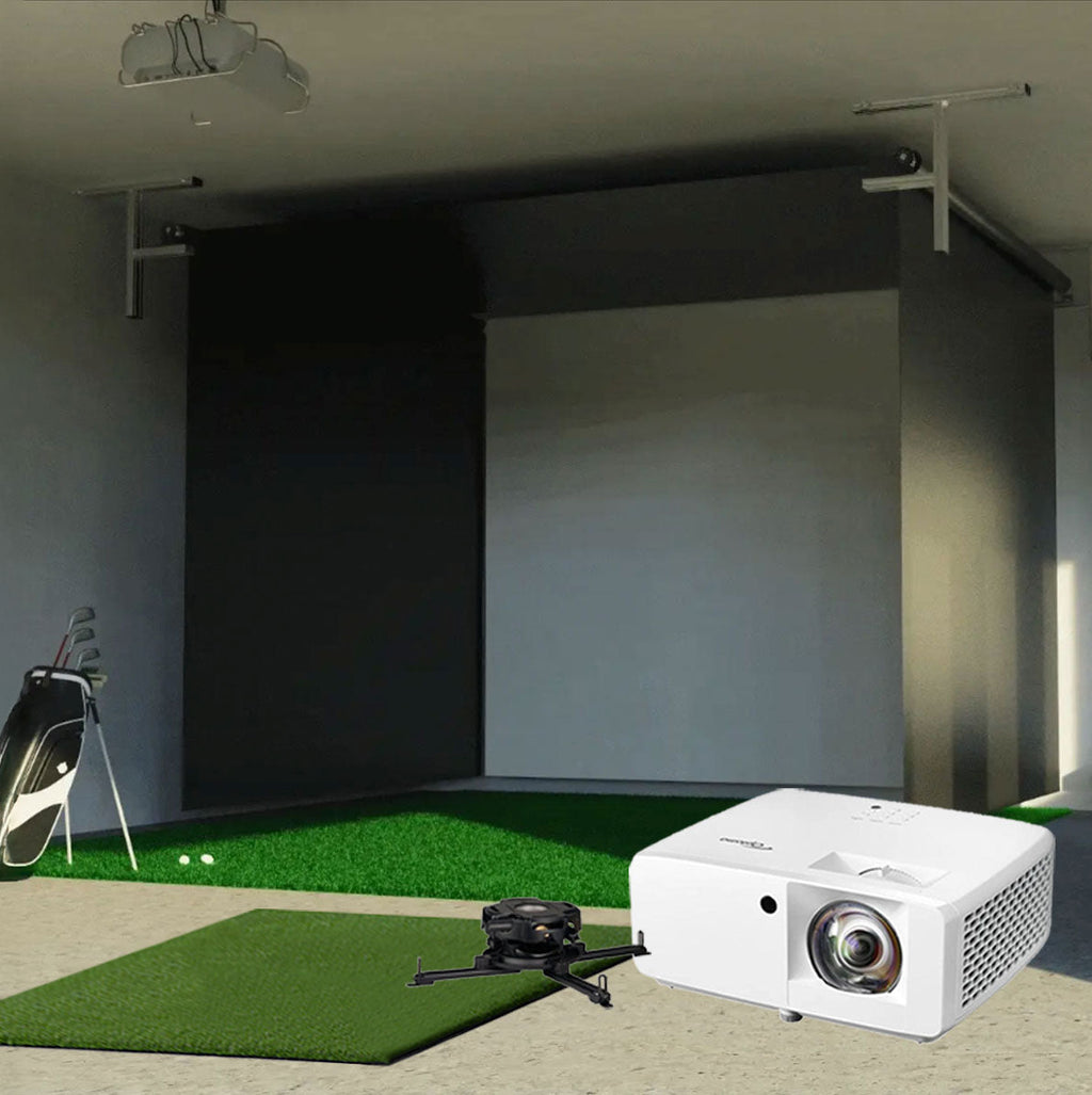 Blue Tees Golf Rainmaker SportScreen Vanish Retractable Golf Studio Complete Package | Home Golf Simulator Studio with Impact Screen, Enclosure, Hitting Mat, Putting Turf & Projector