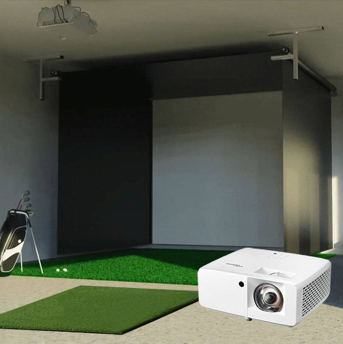 ProTee VX SportScreen Vanish Retractable Golf Studio Complete Package | Home Golf Simulator Studio with Impact Screen, Enclosure, Hitting Mat, Putting Turf & Projector