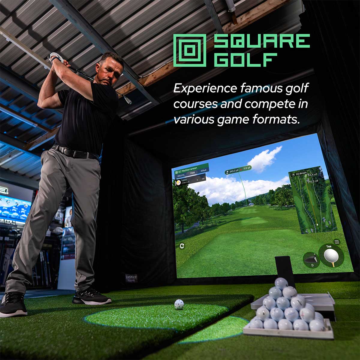 Square Golf SportScreen Vanish LITE Hybrid-Retractable Golf Studio Complete Package | Home Golf Simulator Studio with Impact Screen, Enclosure, Hitting Mat, Putting Turf & Projector