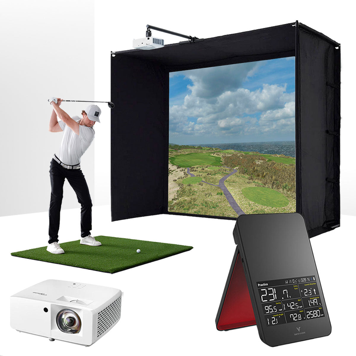 Swing Caddie SC4 PRO with PlayBetter SimStudio™ ESSENTIALS Package | Golf Simulator Studio with Impact Screen, Enclosure, Hitting Mat, & Projector
