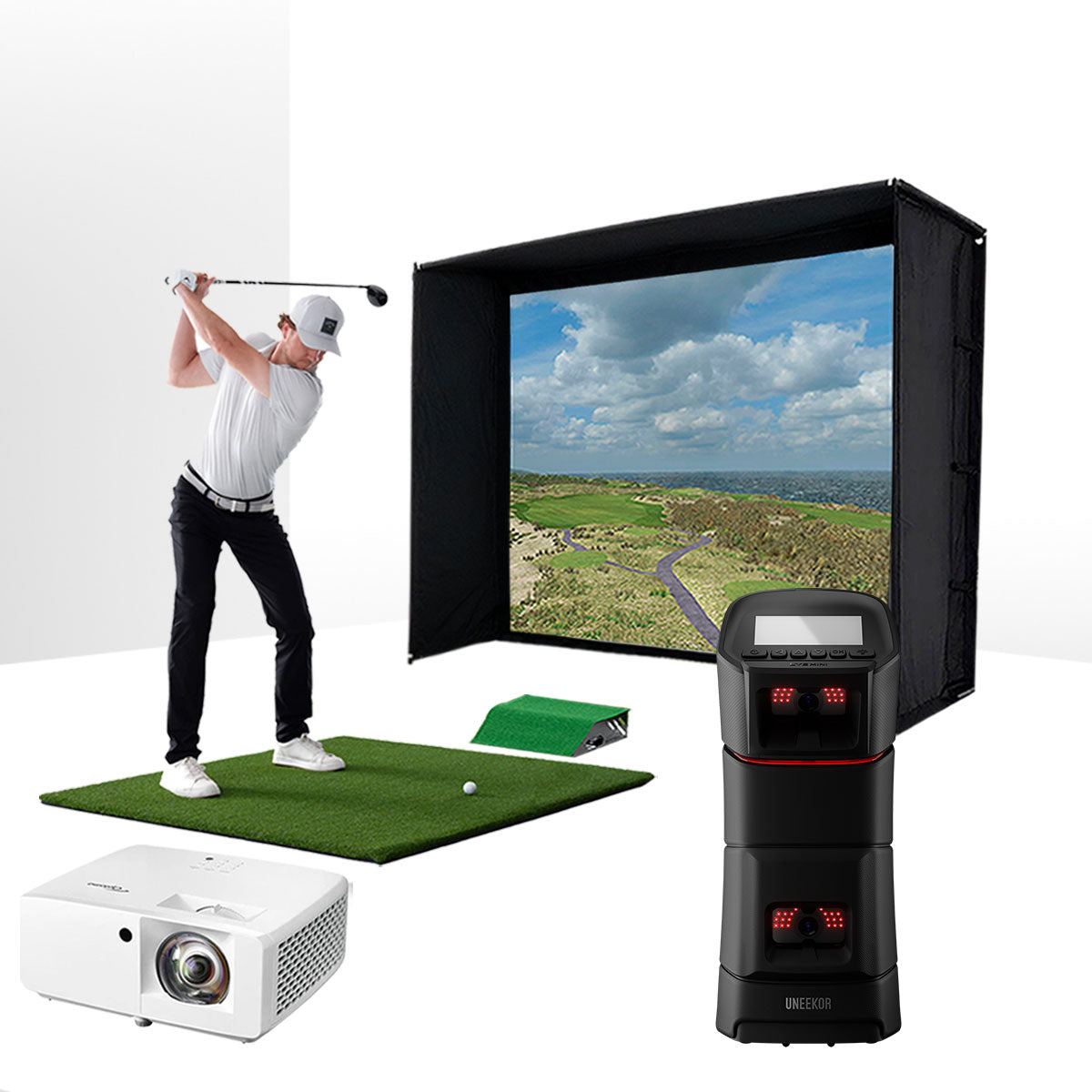 Uneekor EYE MINI with PlayBetter SimStudio™ BYO (Build Your Own) Package – Custom Home Golf Simulator Studio Builder with Impact Screen, Enclosure, Optional Mats, Projector & More