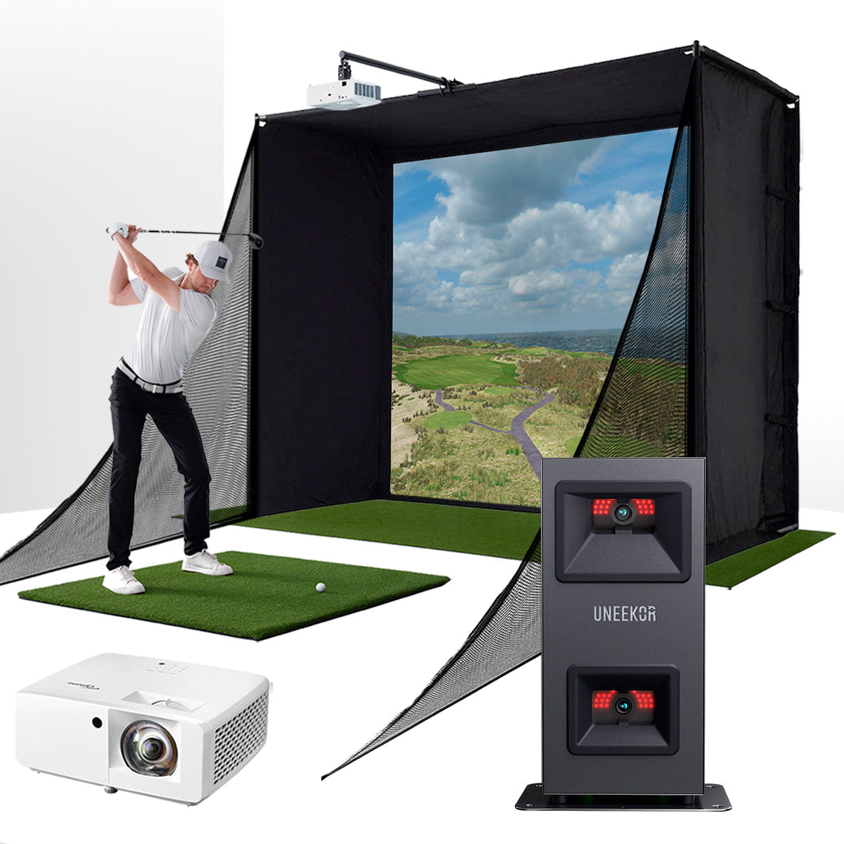 Uneekor EYE MINI LITE with PlayBetter SimStudio™ COMPLETE Package | Golf Simulator Studio with Impact Screen, Enclosure, Side Barriers, Hitting/Putting Mats & Projector