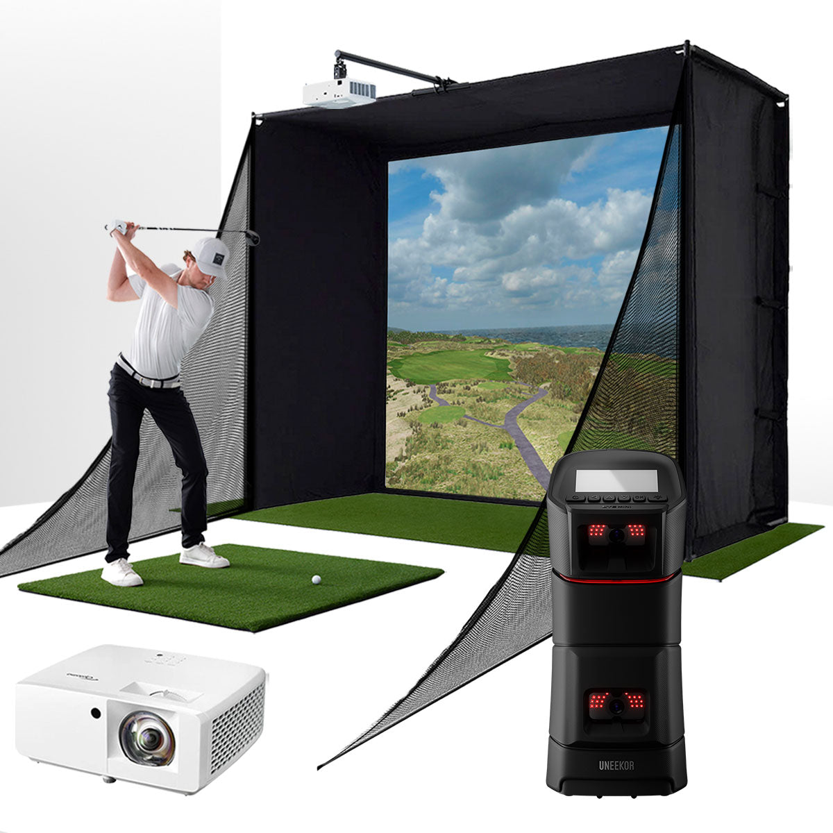 Uneekor EYE MINI with PlayBetter SimStudio™ COMPLETE Package | Golf Simulator Studio with Impact Screen, Enclosure, Side Barriers, Hitting/Putting Mats & Projector