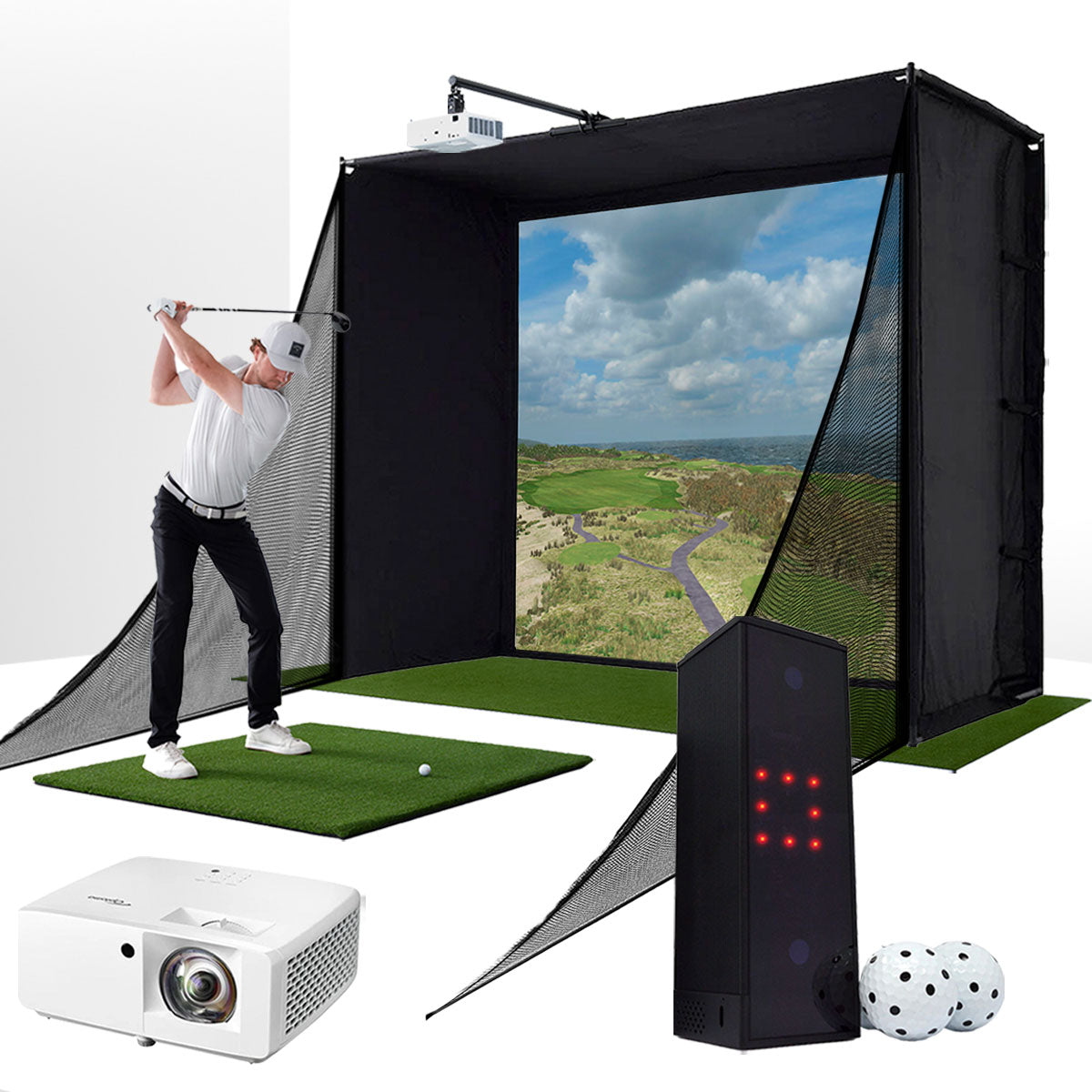 Square Golf with PlayBetter SimStudio™ COMPLETE Package | Golf Simulator Studio with Impact Screen, Enclosure, Side Barriers, Hitting/Putting Mats, & Projector