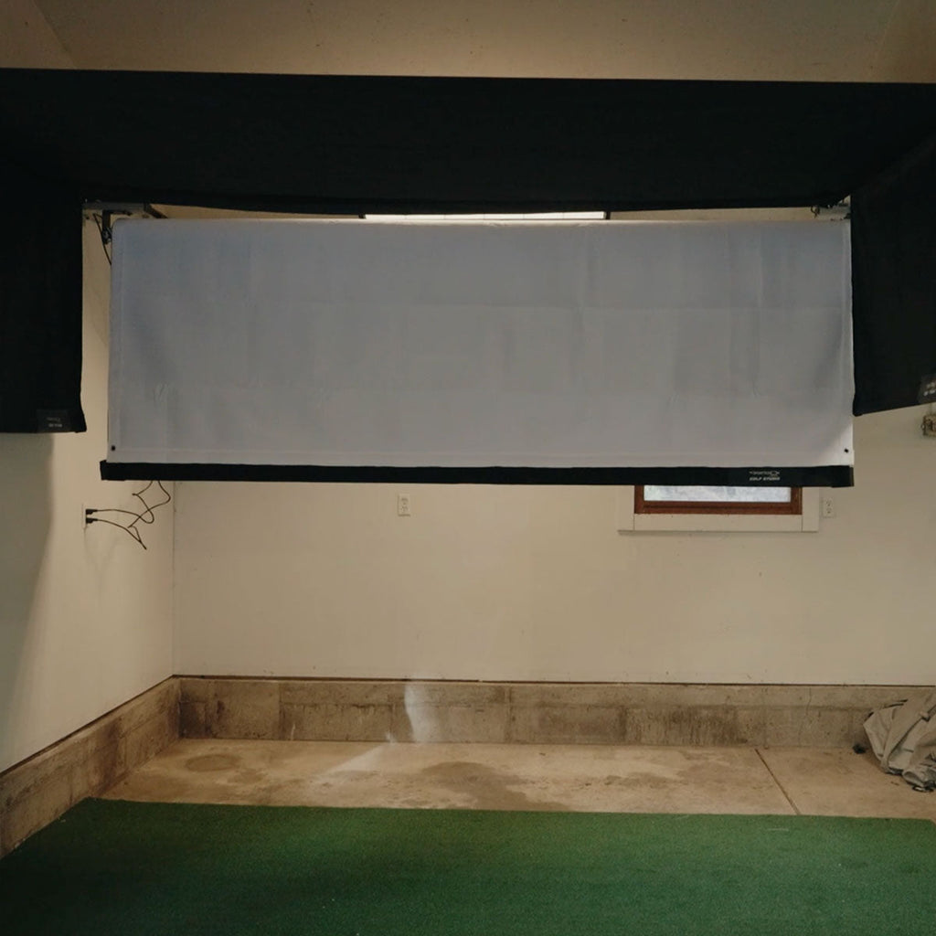 Blue Tees Golf Rainmaker SportScreen Vanish Retractable Golf Studio Complete Package | Home Golf Simulator Studio with Impact Screen, Enclosure, Hitting Mat, Putting Turf & Projector
