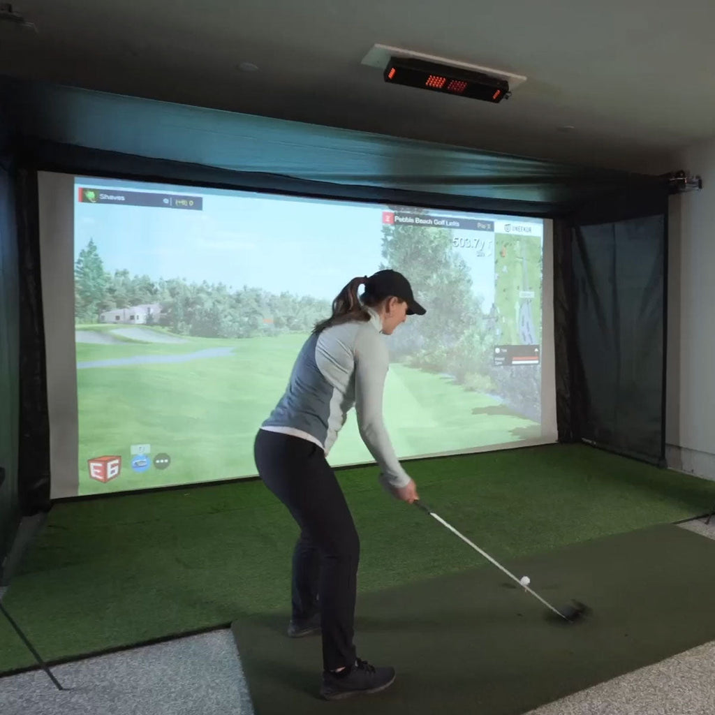 Uneekor EYE MINI SportScreen Vanish Retractable Golf Studio Complete Package | Home Golf Simulator Studio with Impact Screen, Enclosure, Hitting Mat, Putting Turf & Projector