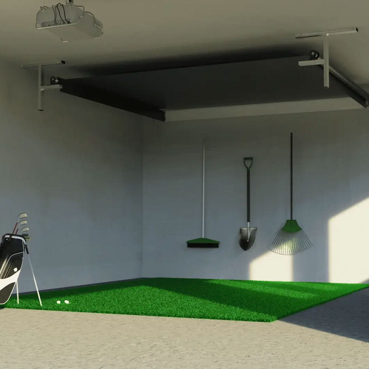 Blue Tees Golf Rainmaker SportScreen Vanish Retractable Golf Studio Complete Package | Home Golf Simulator Studio with Impact Screen, Enclosure, Hitting Mat, Putting Turf & Projector