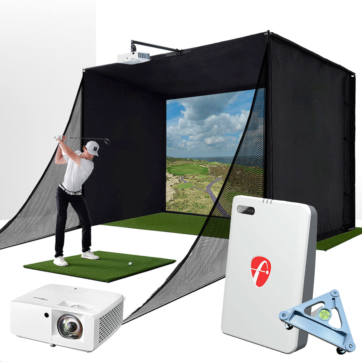 FlightScope Mevo Gen2 with PlayBetter SimStudio™ COMPLETE Package | Golf Simulator Studio with Impact Screen, Enclosure, Side Barriers, Hitting/Putting Mats, Projector & Alignment Stand