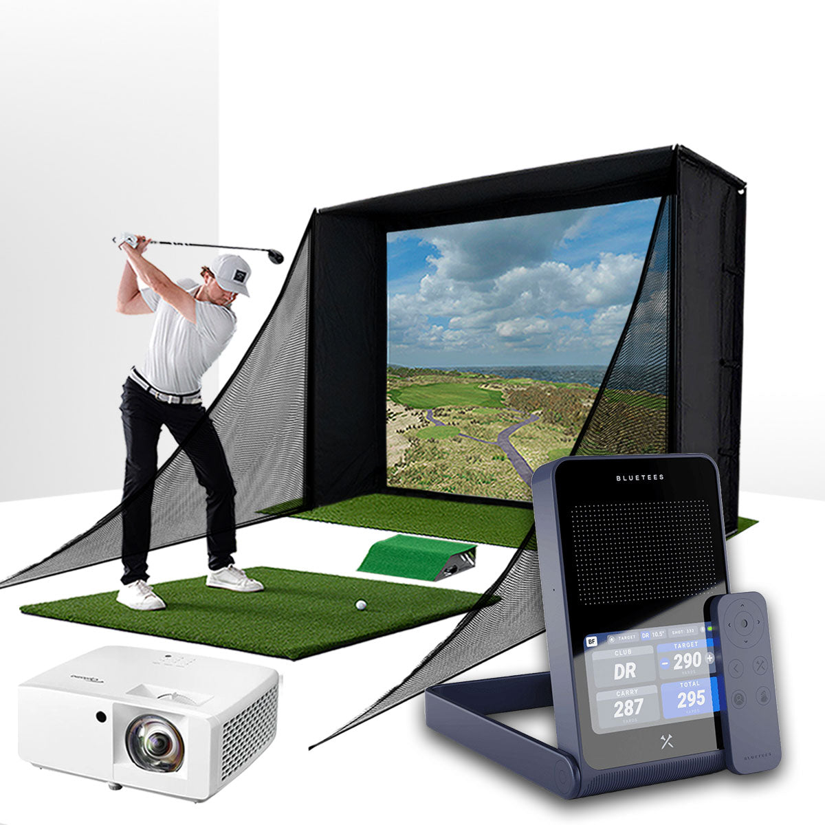 Blue Tees Golf Rainmaker with PlayBetter SimStudio™ COMPLETE Package | Golf Simulator Studio with Impact Screen, Enclosure, Side Barriers, Hitting/Putting Mats & Projector