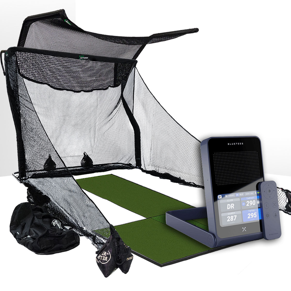 Blue Tees Golf Rainmaker Golf Launch Monitor Home Net Studio with The Net Return Premium Hitting Net Package