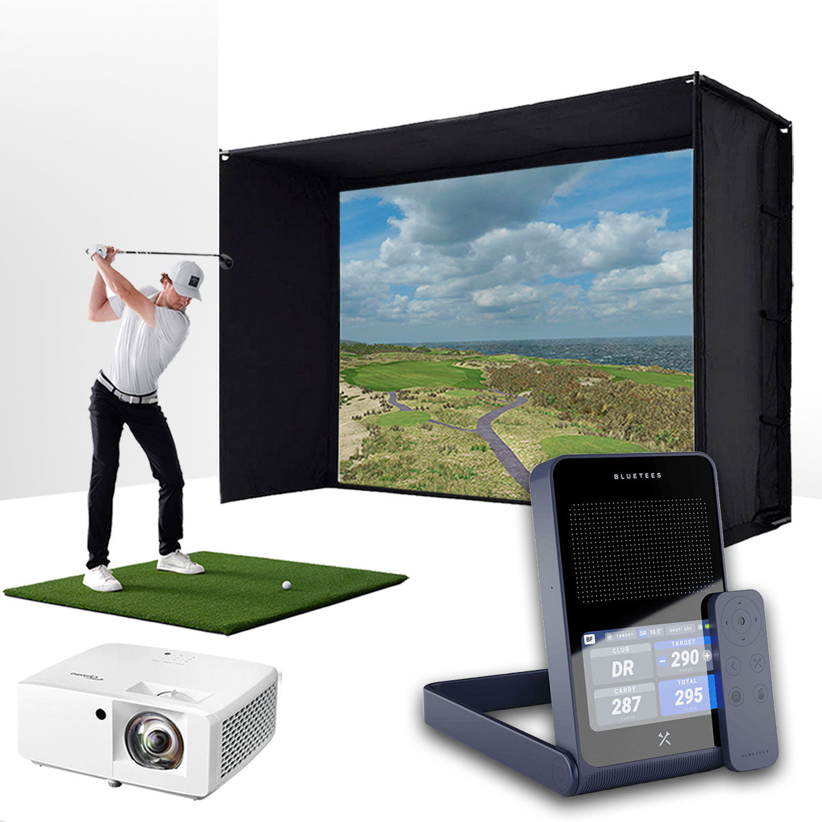 Blue Tees Golf Rainmaker with PlayBetter SimStudio™ BYO (Build Your Own) Package – Custom Home Golf Simulator Studio Builder with Impact Screen, Enclosure, Optional Mats, Projector & More