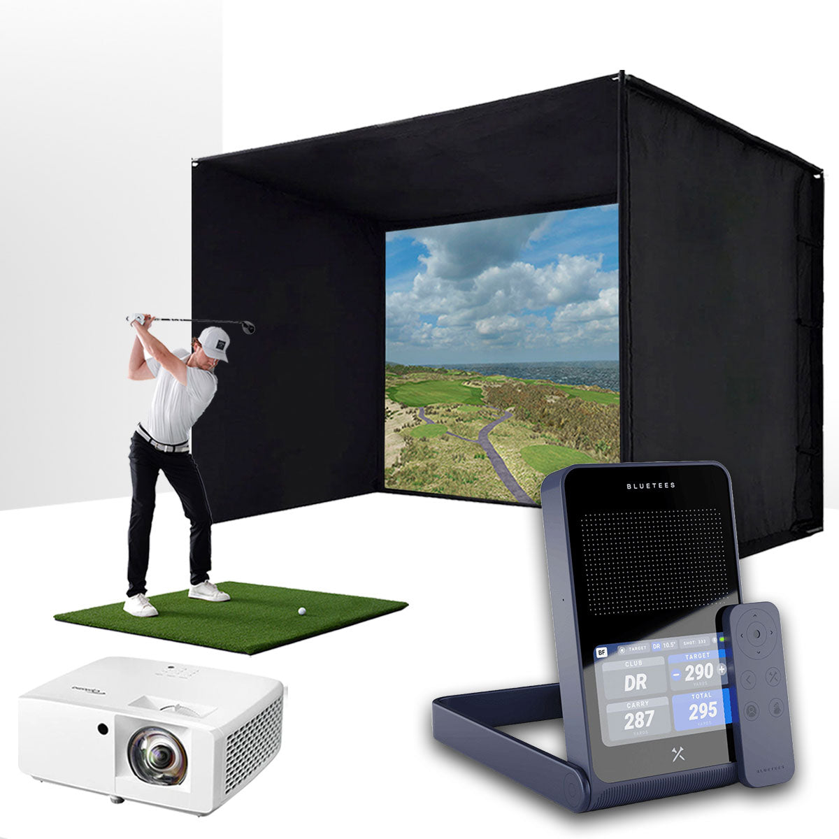 Blue Tees Golf Rainmaker with PlayBetter SimStudio™ ESSENTIALS Package | Golf Simulator Studio with Impact Screen, Enclosure, Hitting Mat & Projector