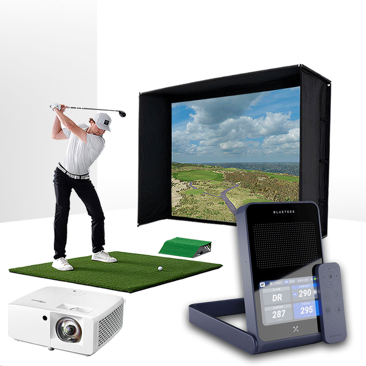 Blue Tees Golf Rainmaker with PlayBetter SimStudio™ ESSENTIALS Package | Golf Simulator Studio with Impact Screen, Enclosure, Hitting Mat & Projector