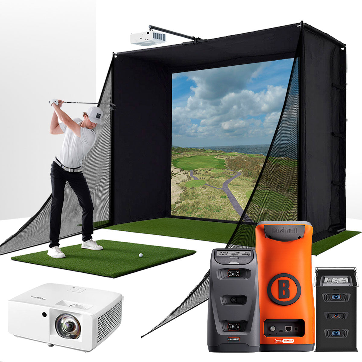 Bushnell Launch Pro Circle B with PlayBetter SimStudio™ COMPLETE Package | Golf Simulator Studio with Impact Screen, Enclosure, Side Barriers, Hitting/Putting Mats, Projector & Protective Case