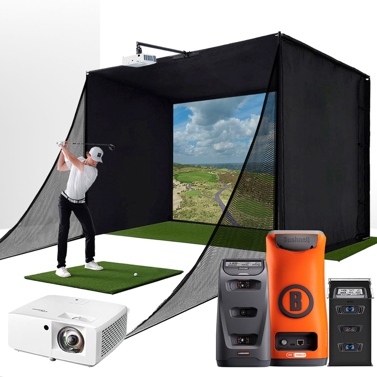 Bushnell Launch Pro Circle B with PlayBetter SimStudio™ COMPLETE Package | Golf Simulator Studio with Impact Screen, Enclosure, Side Barriers, Hitting/Putting Mats, Projector & Protective Case