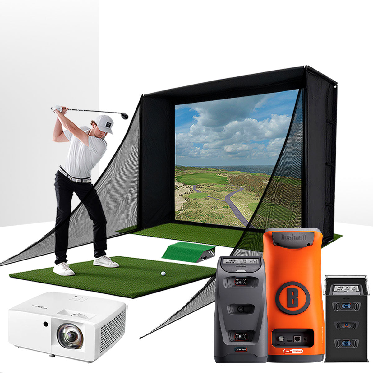 Bushnell Launch Pro Circle B with PlayBetter SimStudio™ COMPLETE Package | Golf Simulator Studio with Impact Screen, Enclosure, Side Barriers, Hitting/Putting Mats, Projector & Protective Case