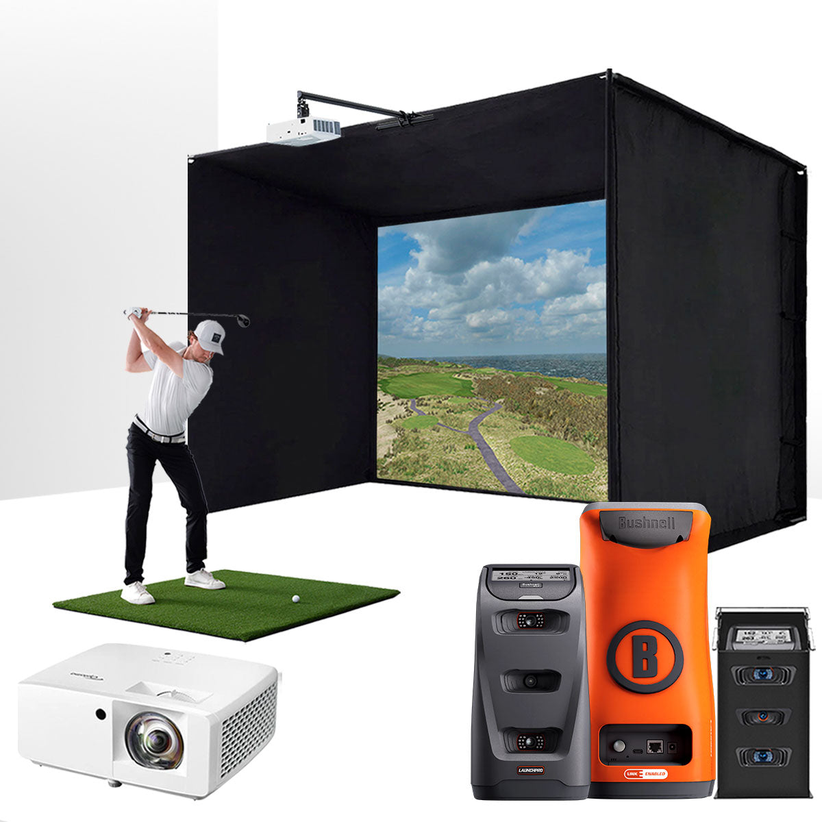 Bushnell Launch Pro Circle B with PlayBetter SimStudio™ ESSENTIALS Package | Golf Simulator Studio with Impact Screen, Enclosure, Hitting Mat & Projector