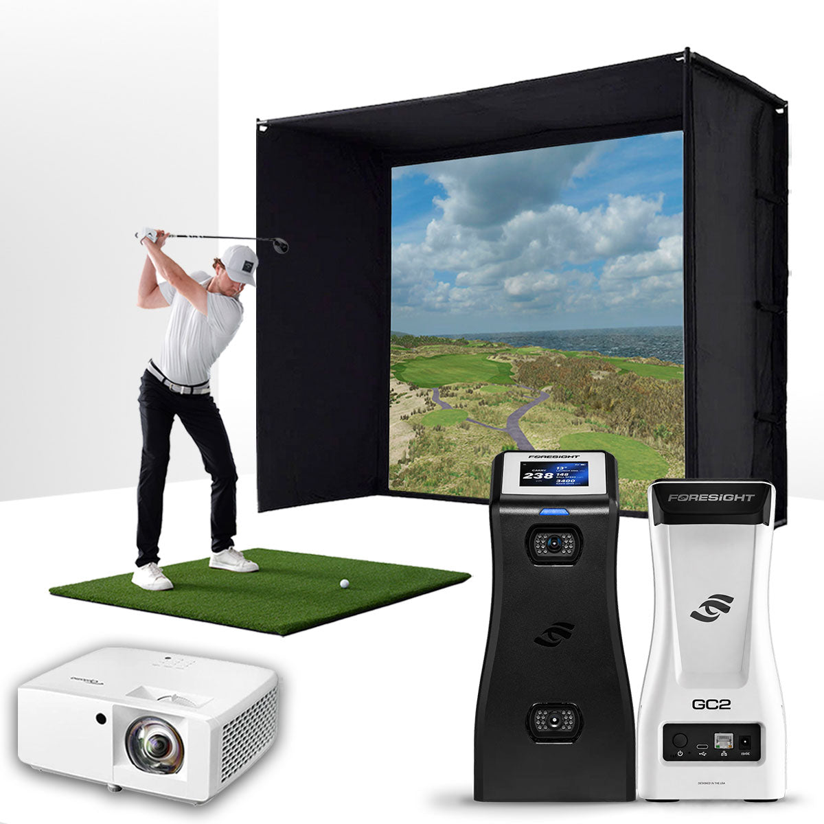 Foresight GC2 with PlayBetter SimStudio™ ESSENTIALS Package | Golf Simulator Studio with Impact Screen, Enclosure, Hitting Mat & Projector