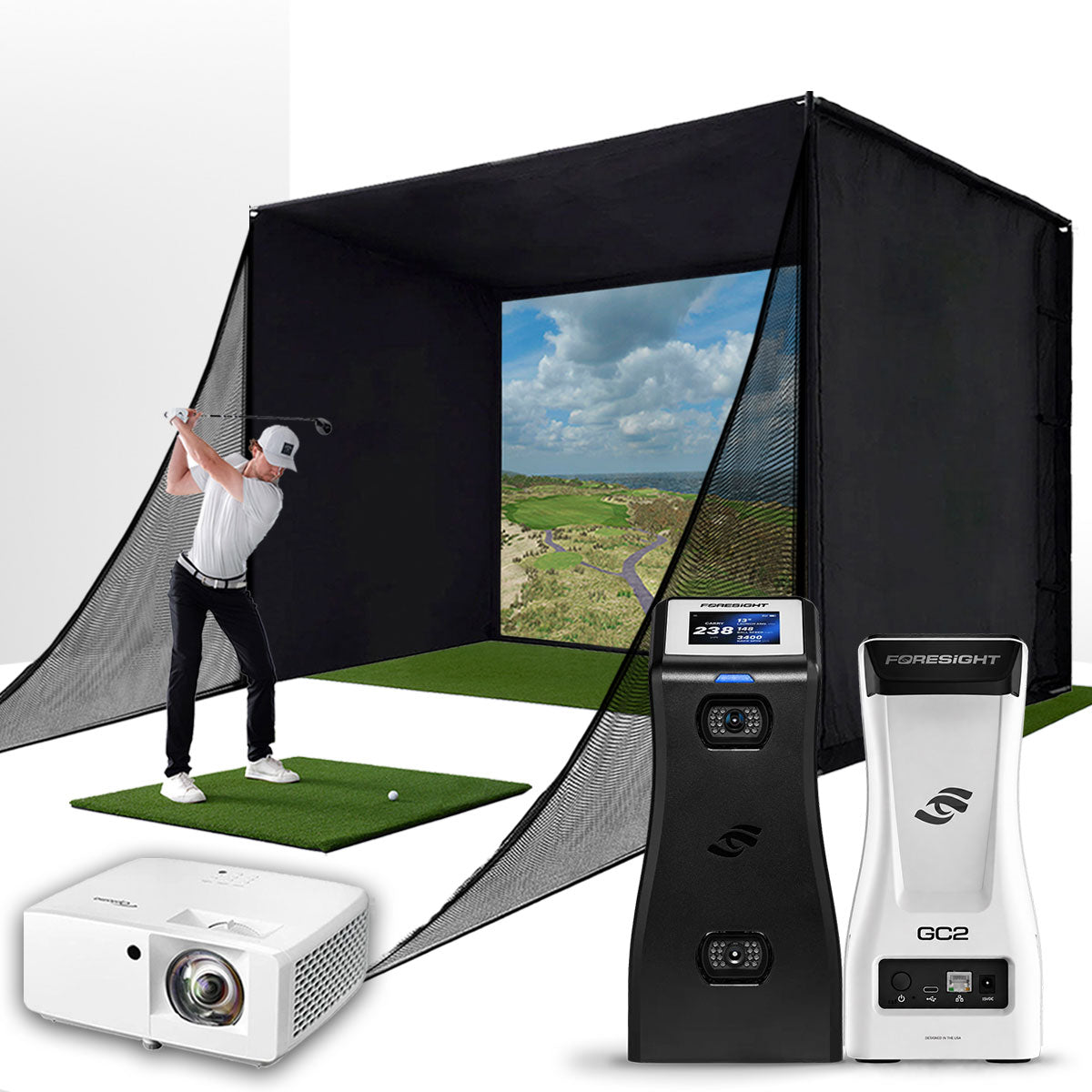 Foresight GC2 with PlayBetter SimStudio™ COMPLETE Package | Golf Simulator Studio with Impact Screen, Enclosure, Side Barriers, Hitting/Putting Mats & Projector