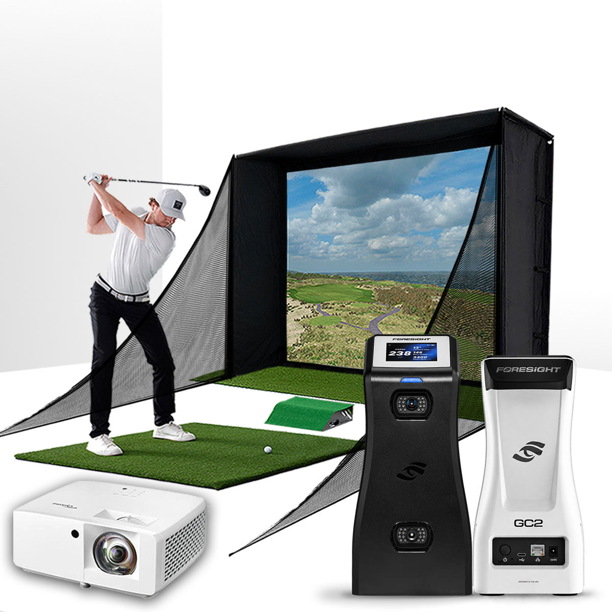 Foresight GC2 with PlayBetter SimStudio™ COMPLETE Package | Golf Simulator Studio with Impact Screen, Enclosure, Side Barriers, Hitting/Putting Mats & Projector