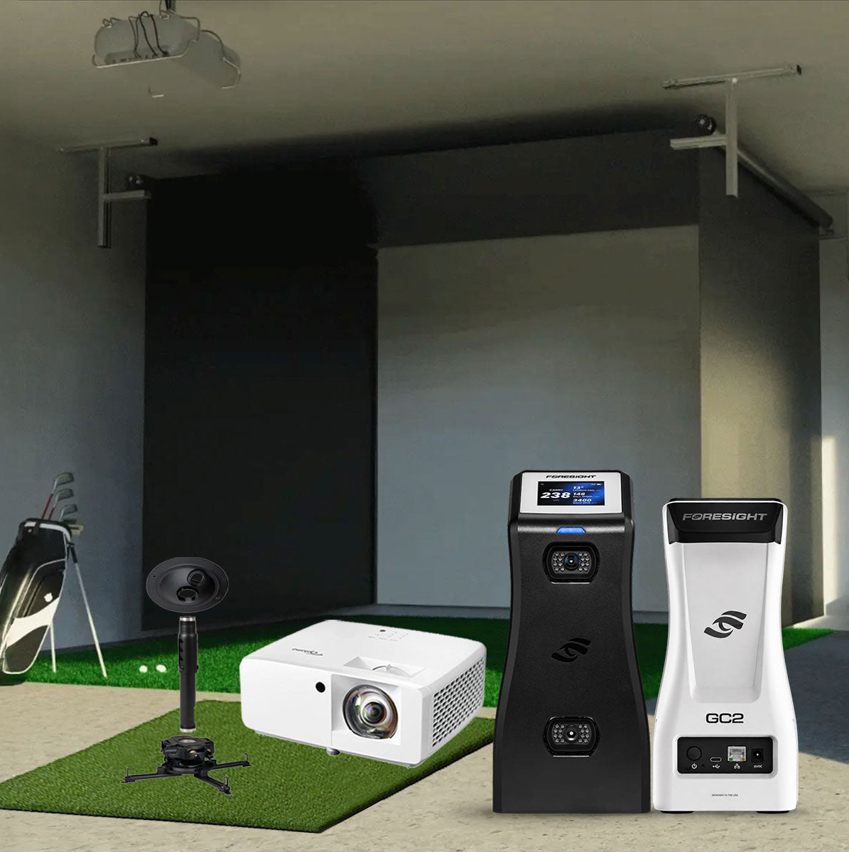 Foresight GC2 SportScreen Vanish Retractable Golf Studio Complete Package | Home Golf Simulator Studio with Impact Screen, Enclosure, Hitting Mat, Putting Turf & Projector