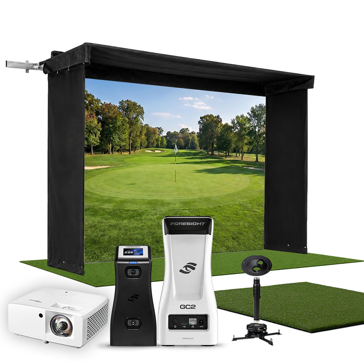 Foresight GC2 SportScreen Vanish LITE Hybrid-Retractable Golf Studio Complete Package | Home Golf Simulator Studio with Impact Screen, Enclosure, Hitting Mat, Putting Turf & Projector