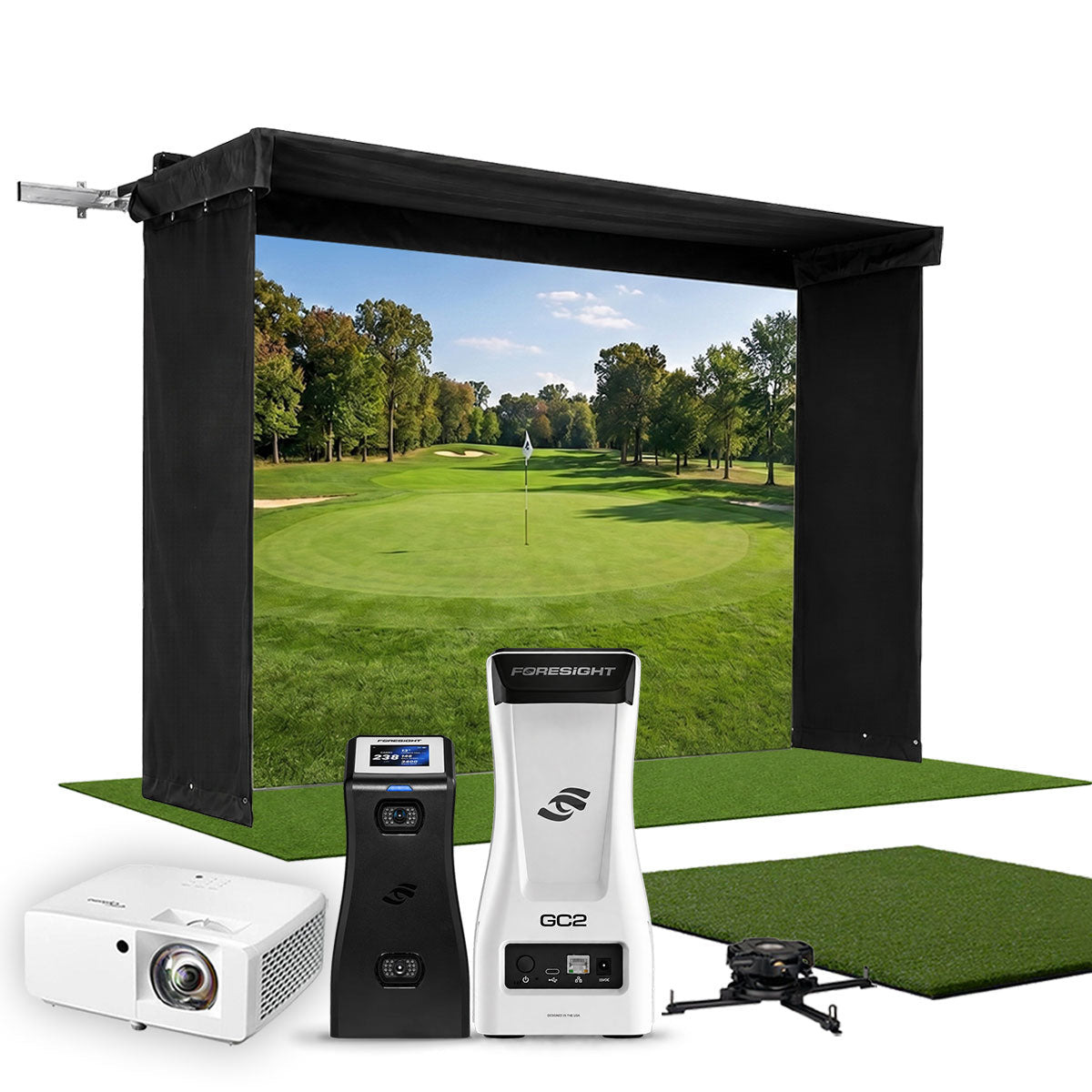 Foresight GC2 SportScreen Vanish LITE Hybrid-Retractable Golf Studio Complete Package | Home Golf Simulator Studio with Impact Screen, Enclosure, Hitting Mat, Putting Turf & Projector