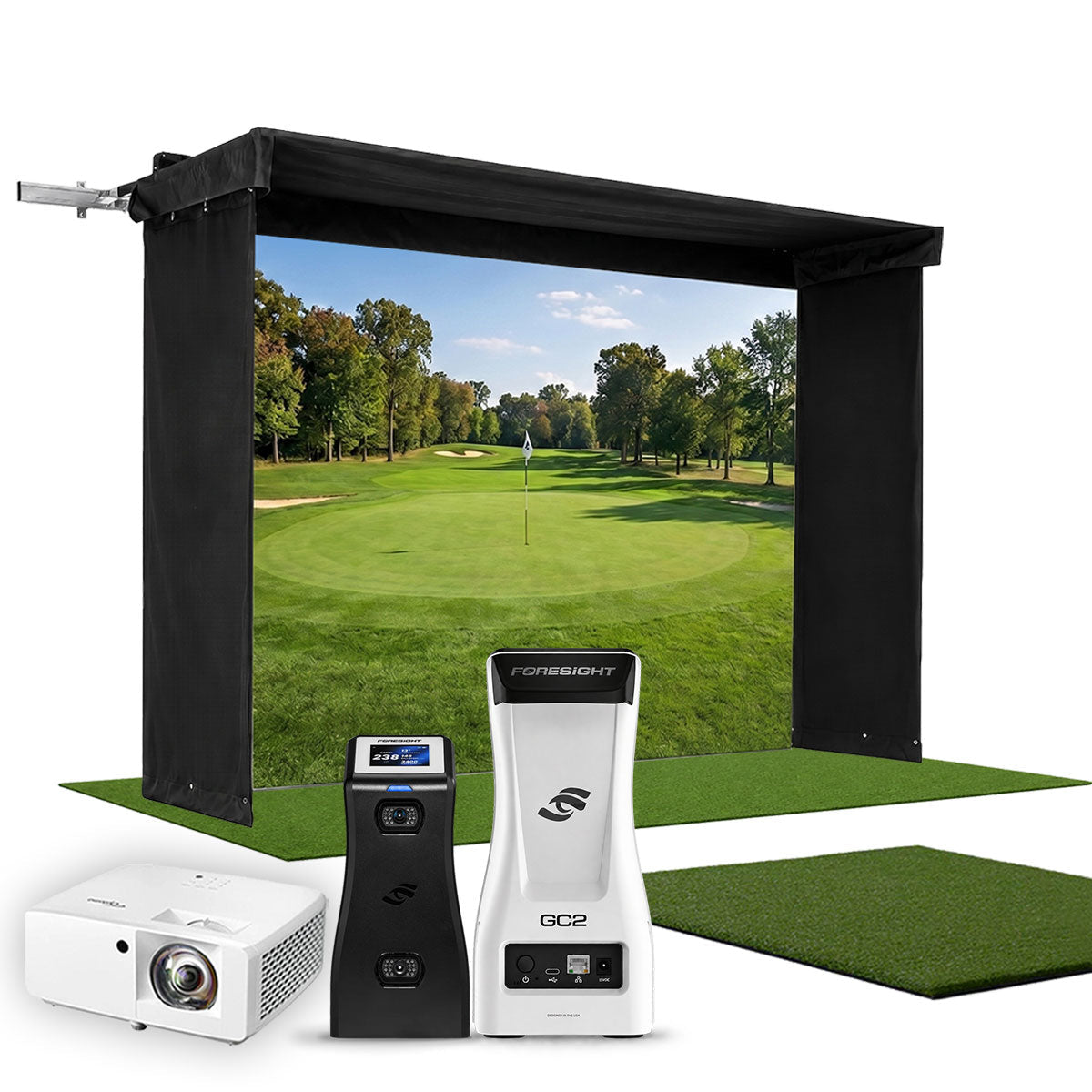 Foresight GC2 SportScreen Vanish LITE Hybrid-Retractable Golf Studio Complete Package | Home Golf Simulator Studio with Impact Screen, Enclosure, Hitting Mat, Putting Turf & Projector