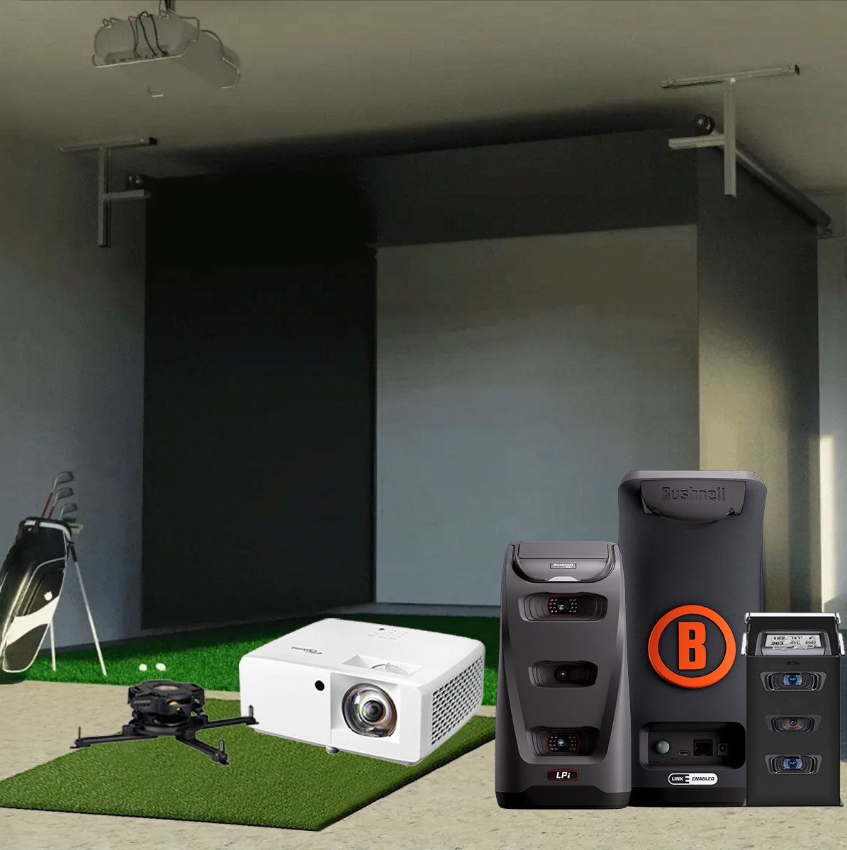 Bushnell LPi Circle B SportScreen Vanish Retractable Golf Studio Complete Package | Home Golf Simulator Studio with Impact Screen, Enclosure, Hitting Mat, Putting Turf & Projector