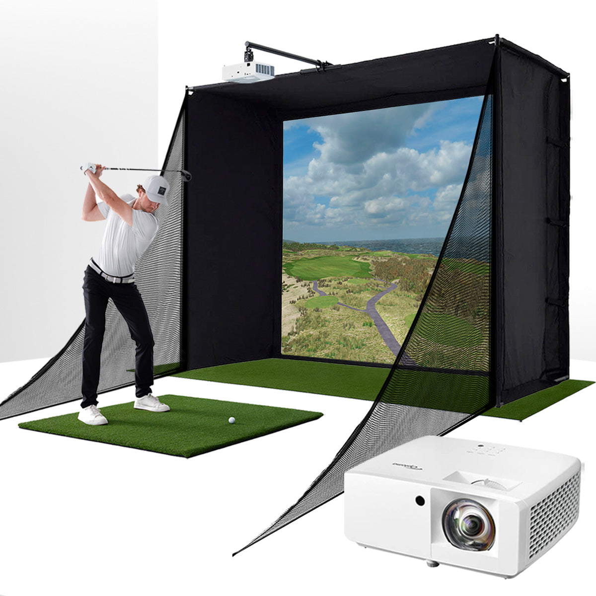 PlayBetter COMPLETE Garage SimStudio™ | Home Golf Simulator Package with Impact Screen, Enclosure, Hitting Mat & Projector