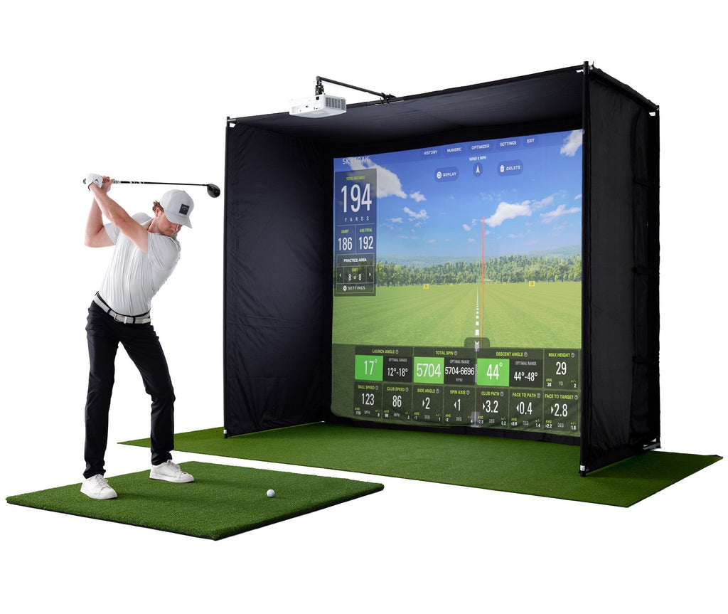 SkyTrak+ with PlayBetter SimStudio™ ESSENTIALS Package | Golf Simulator Studio with Impact Screen, Enclosure, Hitting Mat, Projector, Protective Case & 1-Year FREE Foresight Course Play