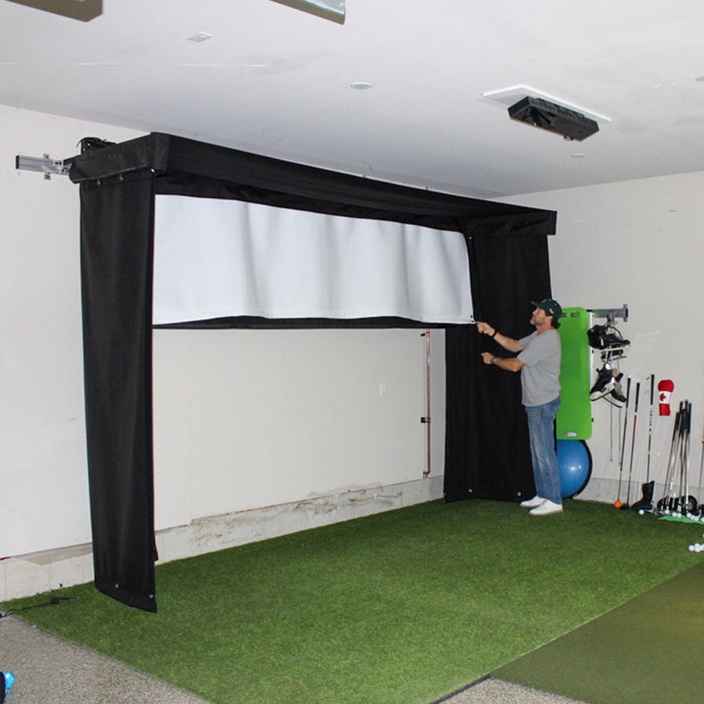 Uneekor EYE MINI LITE SportScreen Vanish LITE Hybrid-Retractable Golf Studio Complete Package | Home Golf Simulator Studio with Impact Screen, Enclosure, Hitting Mat, Putting Turf & Projector