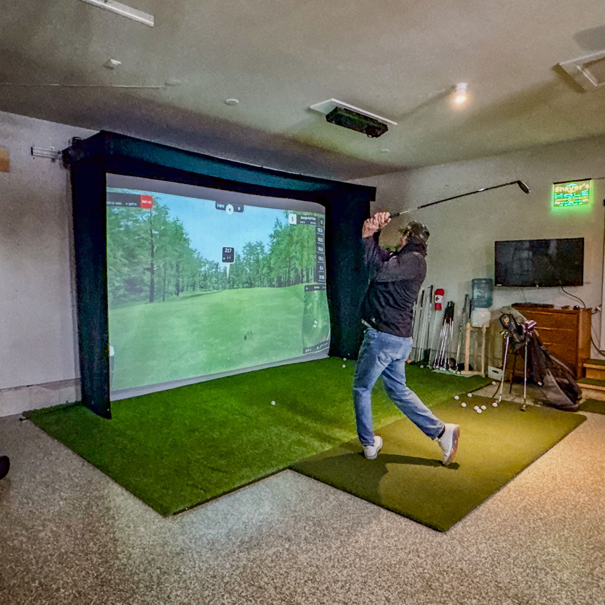 Garmin Approach R10 SportScreen Vanish LITE Hybrid-Retractable Golf Studio Complete Package | Home Golf Simulator Studio with Impact Screen, Enclosure, Hitting Mat, Putting Turf & Projector