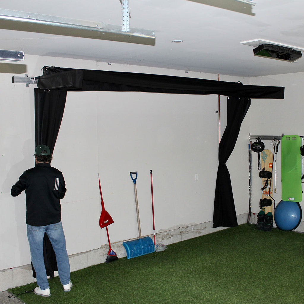 Uneekor EYE MINI LITE SportScreen Vanish LITE Hybrid-Retractable Golf Studio Complete Package | Home Golf Simulator Studio with Impact Screen, Enclosure, Hitting Mat, Putting Turf & Projector