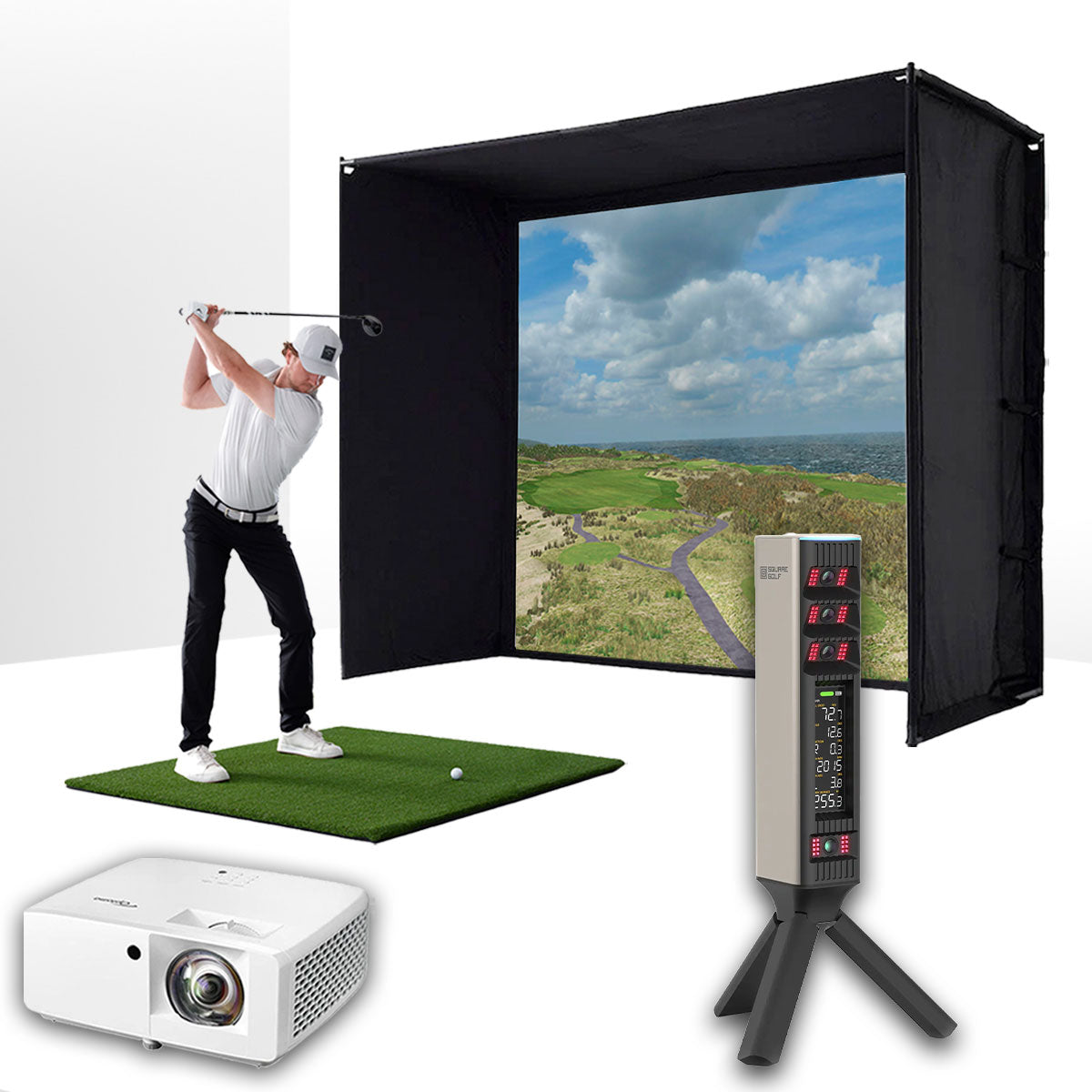 Square Golf Omni with PlayBetter SimStudio™ ESSENTIALS Package | Golf Simulator Studio with Impact Screen, Enclosure, Hitting Mat & Projector